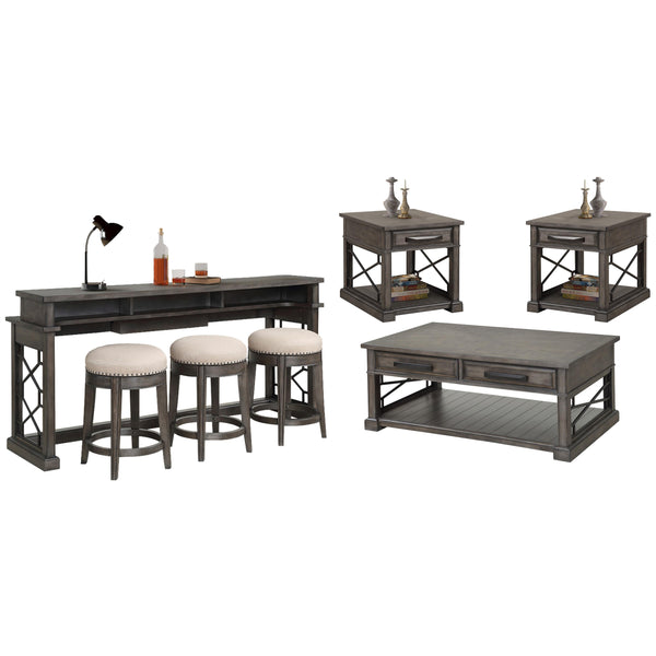 Parker House Furniture Sundance SUN-7PC-01-02-09-4-SGR Grey Cocktail Table with End Tables and Console Table with 3 Stools IMAGE 1