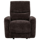  Coaster Furniture Navarro 609573 Chenille Upholstered Glider Recliner - Dark Brown IMAGE 1